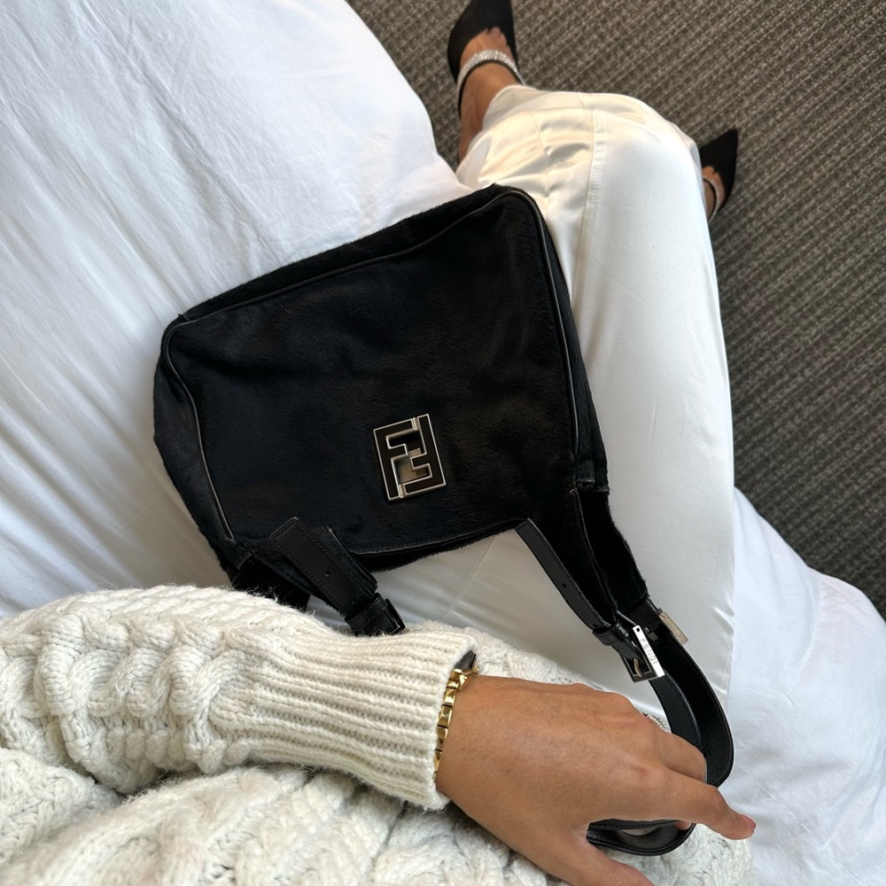 RARE Authentic Fendi Unborn Calf Leather Black Shoulder Bag